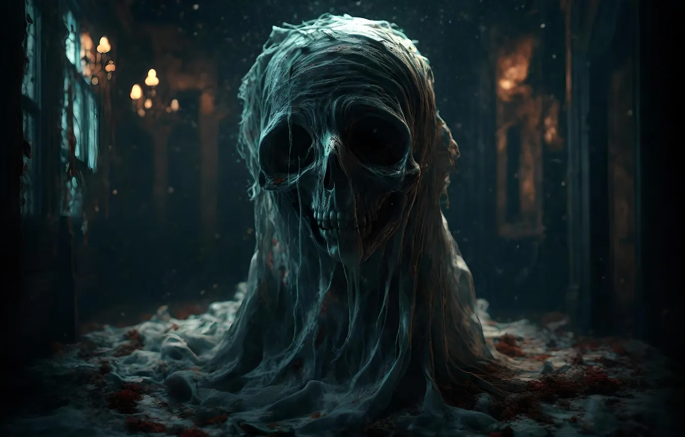 Photo wallpaper skull, web, dust, horror, dark