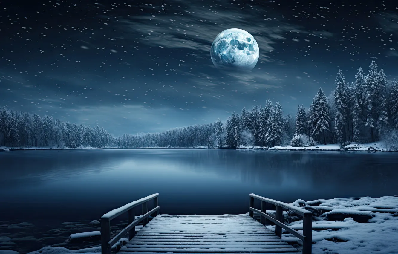 Photo wallpaper winter, forest, snow, trees, night, lake, the moon, tree