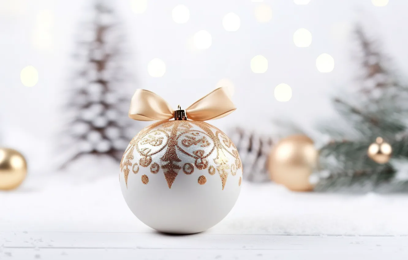 Photo wallpaper winter, snow, decoration, balls, new year, Christmas, golden, Christmas