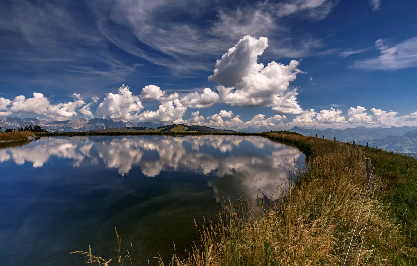 Photo wallpaper grass, mountains, nature, lake, fence, Austria