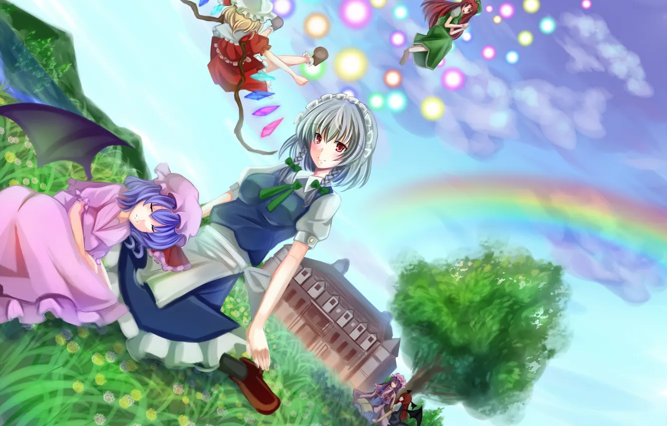 Photo wallpaper the sky, girl, clouds, trees, flowers, mountains, lake, magic