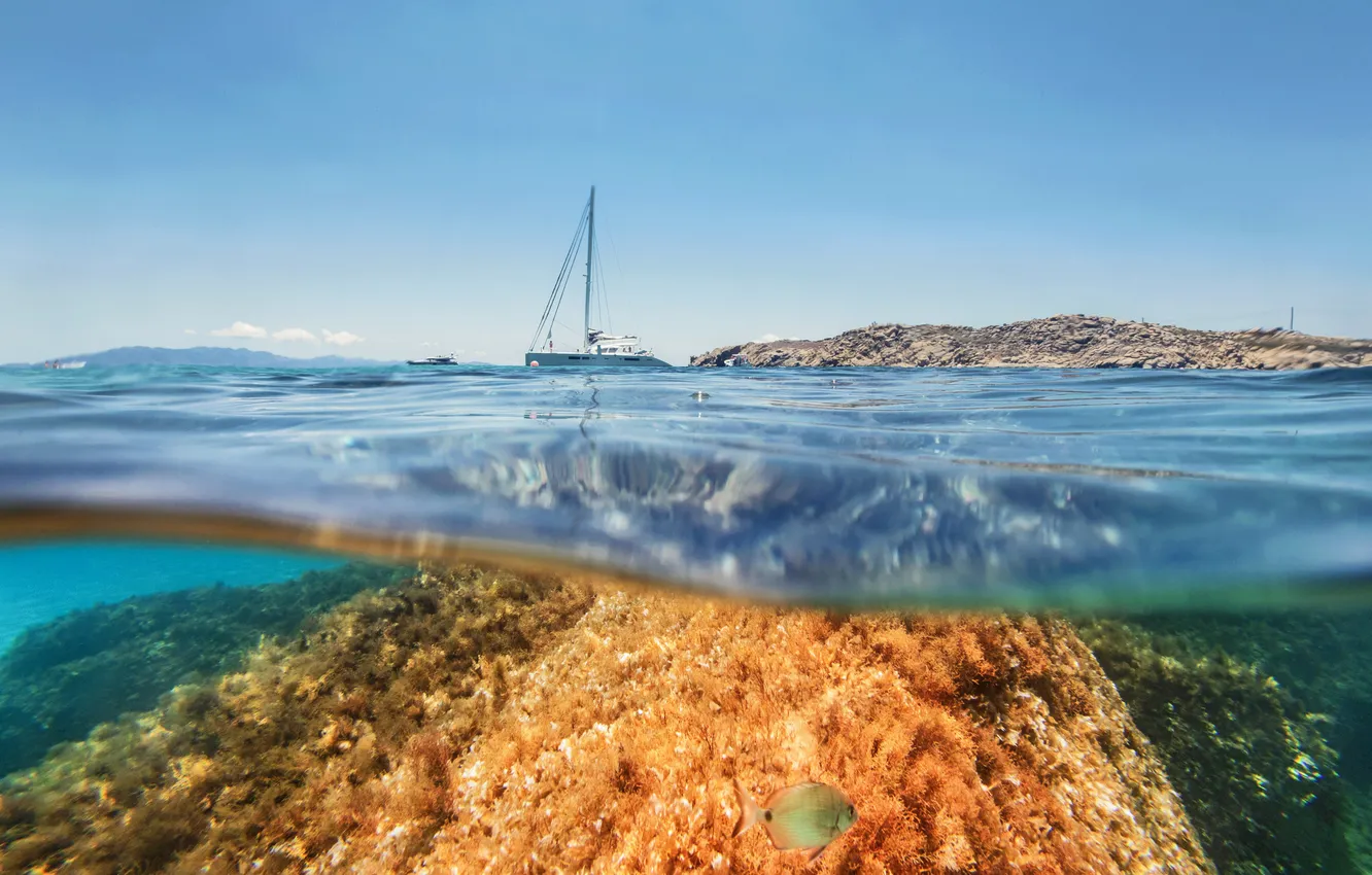 Photo wallpaper sea, the sky, stones, boat, island