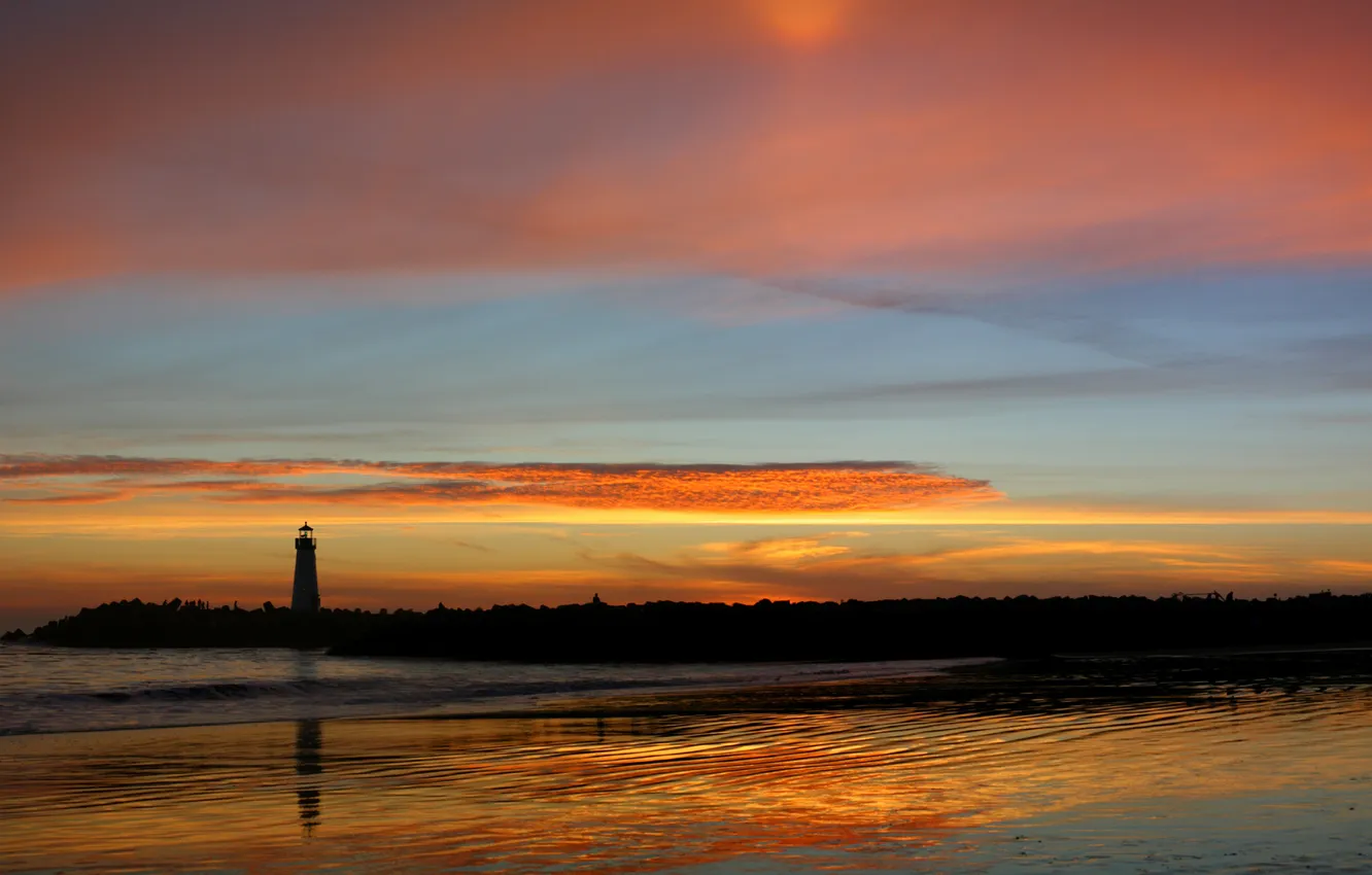 Photo wallpaper sea, clouds, landscape, sunset, lighthouse