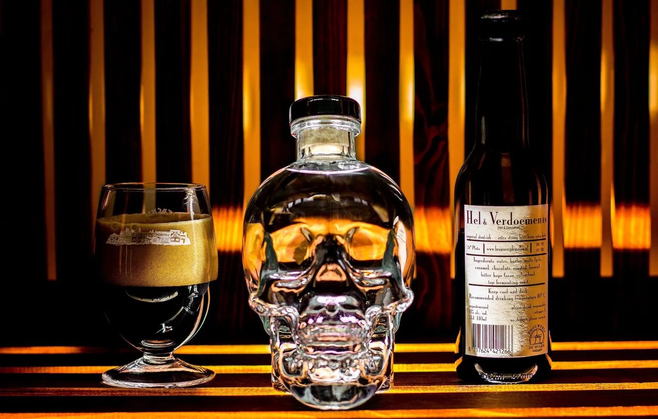 Photo wallpaper skull, bottle, still life, brands