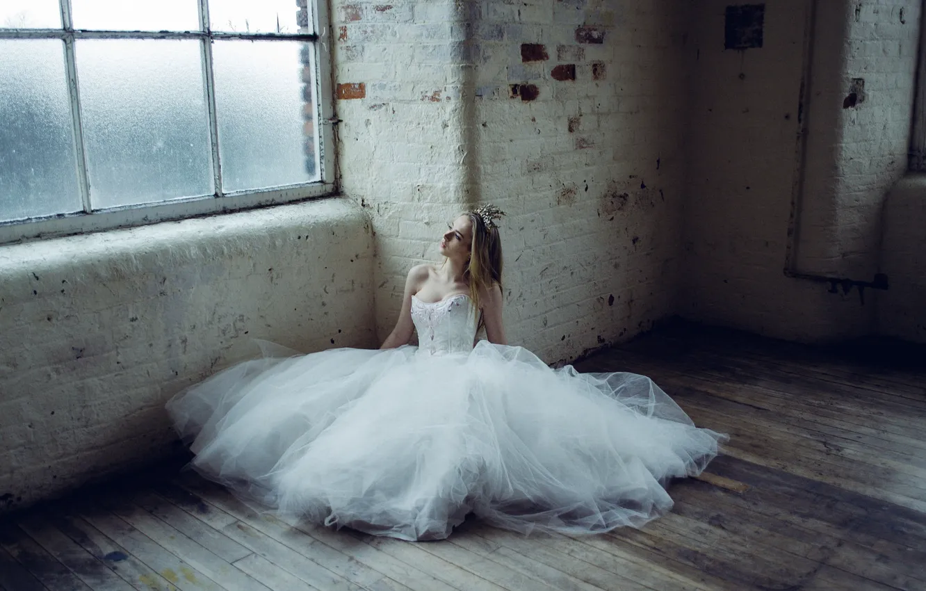 Photo wallpaper girl, dress, window, the bride, on the floor, wedding dress