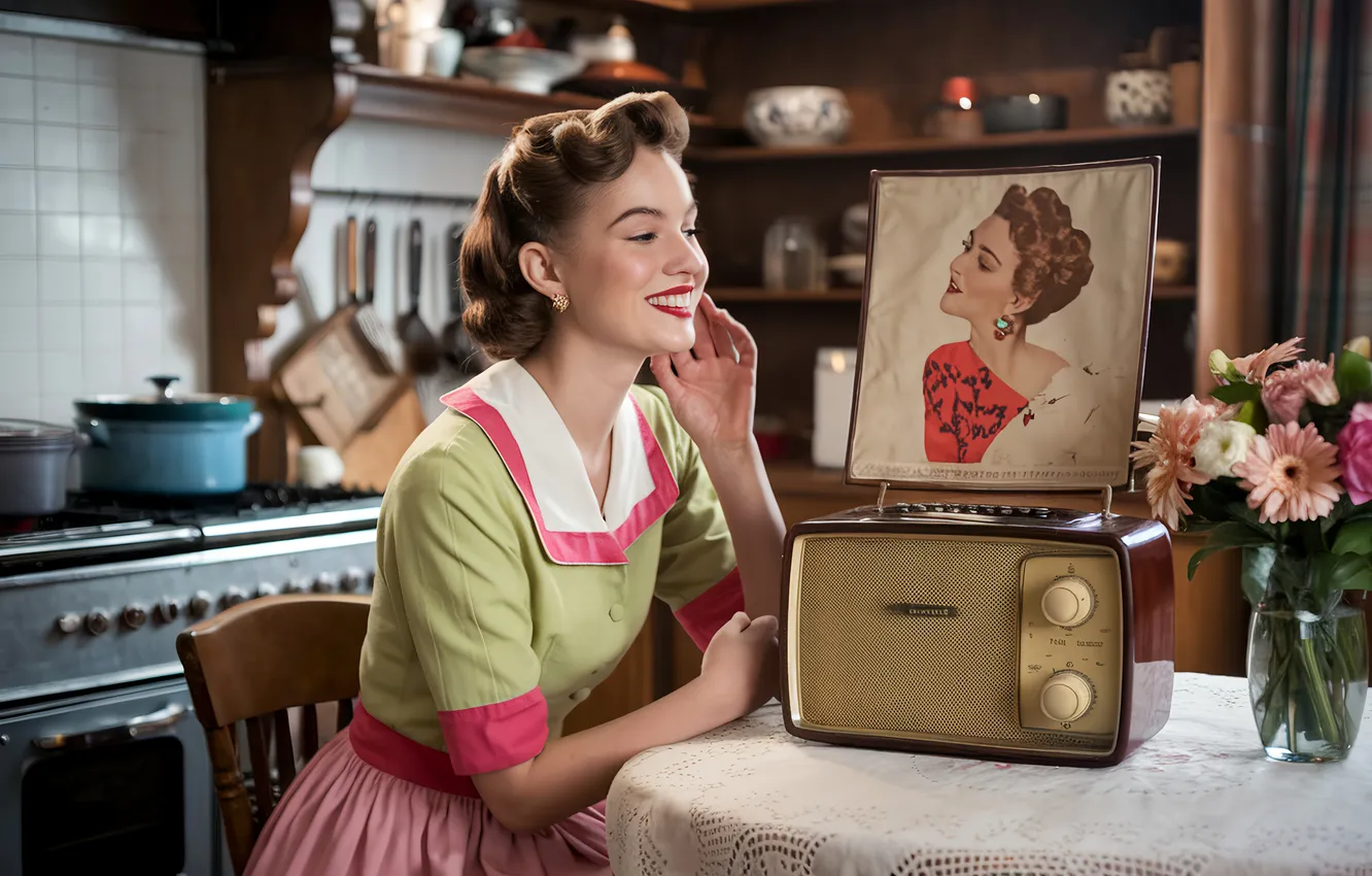 Photo wallpaper girl, smile, retro, hairstyle, radio, AI art