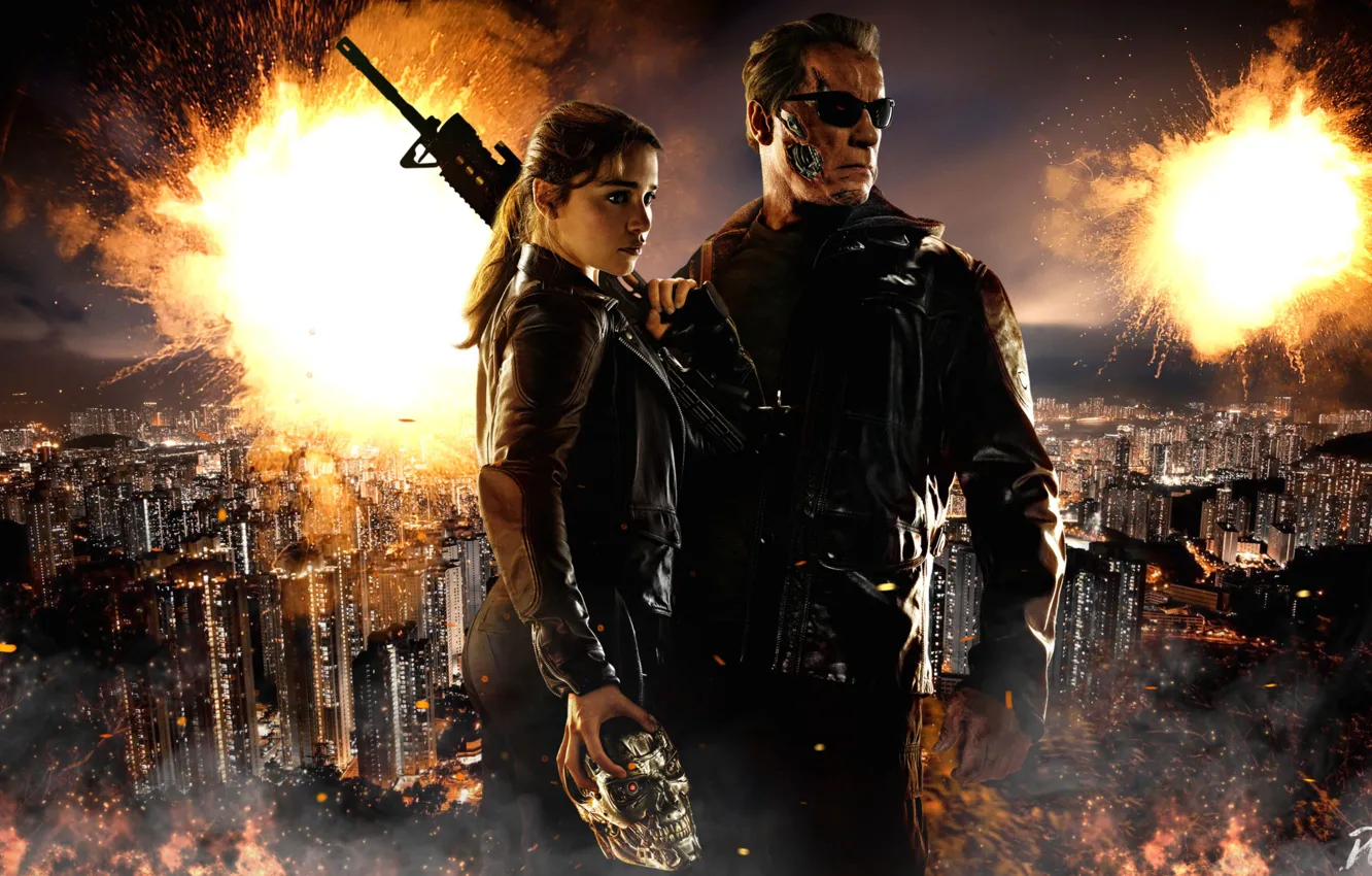 Photo wallpaper the city, weapons, fiction, machine, Arnold Schwarzenegger, Emilia Clarke, leather jackets, Emilia Clarke