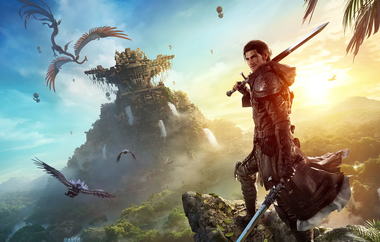 Photo wallpaper the sky, the city, dawn, bird, the game, sword, warrior, jungle