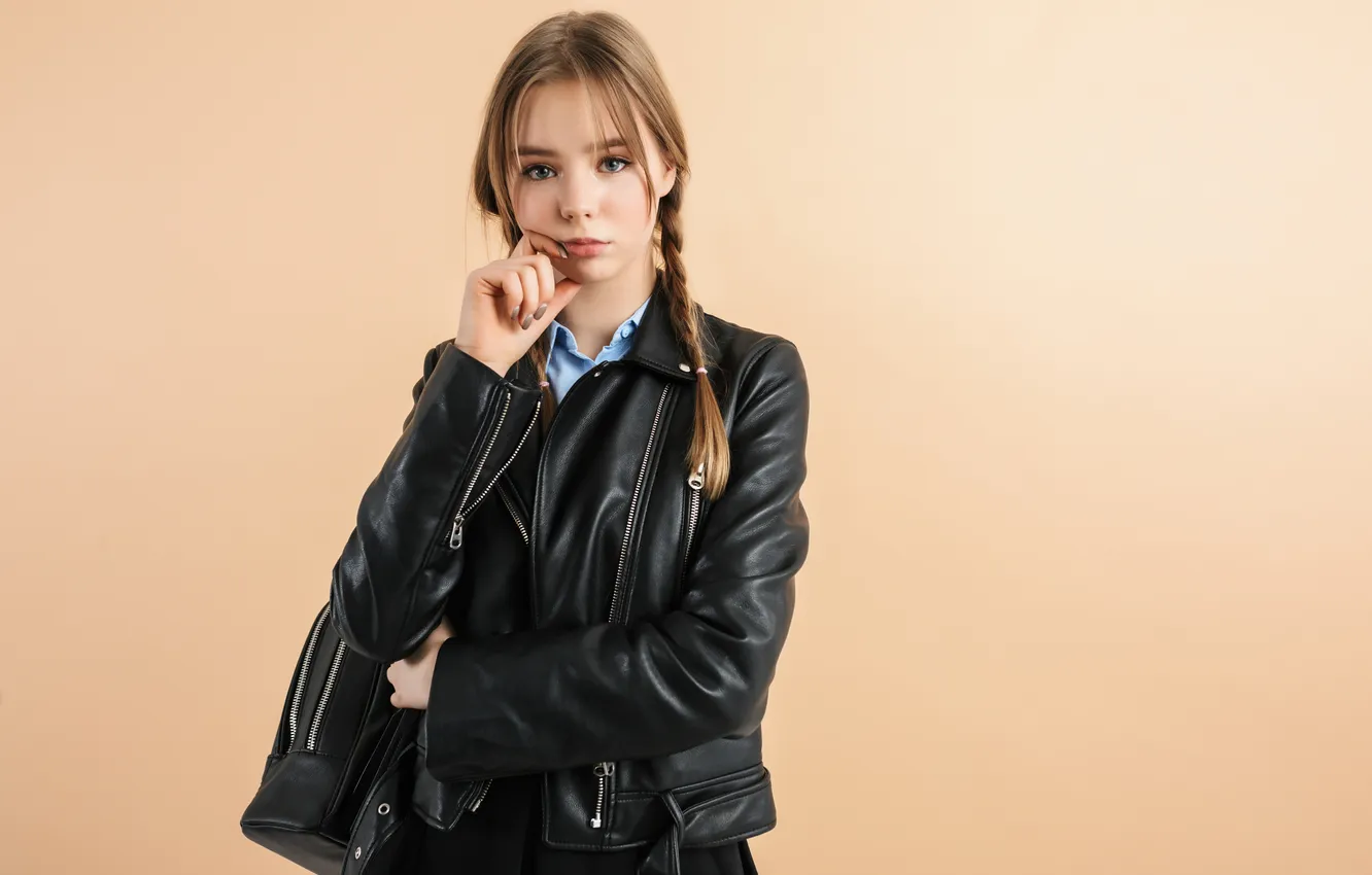 Photo wallpaper girl, model, leather, cute, jacket, pigtails