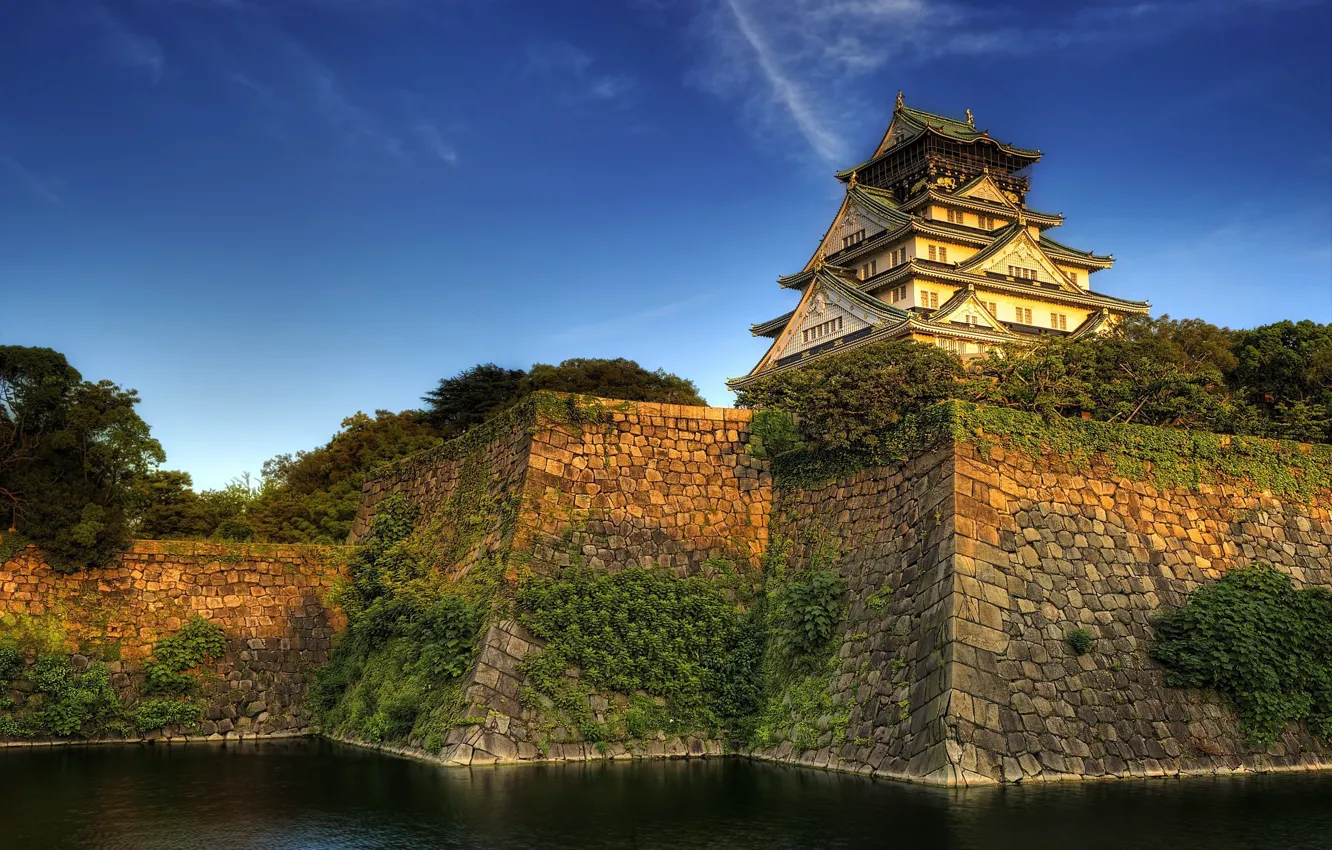 Photo wallpaper the sky, water, trees, Japan, Osaka, ditch, samurai Osaka castle, the stone embankment
