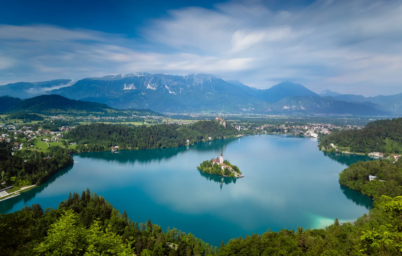 Photo wallpaper mountains, lake, island, Church, panorama, Slovenia, Lake Bled, Slovenia