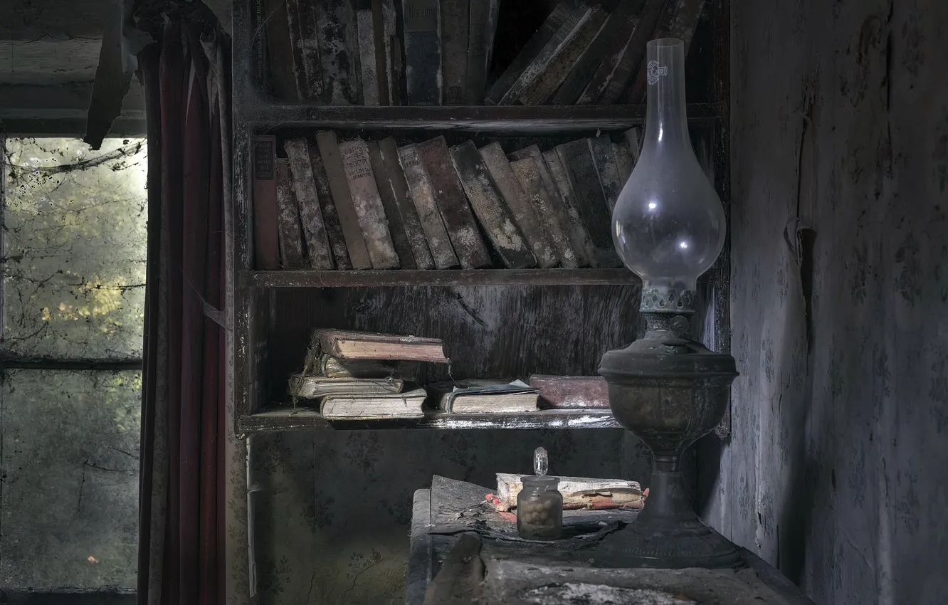 Photo wallpaper lamp, book, library