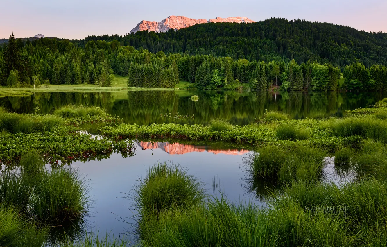 Photo wallpaper forest, summer, landscape, mountains, pond, Michael Breitung