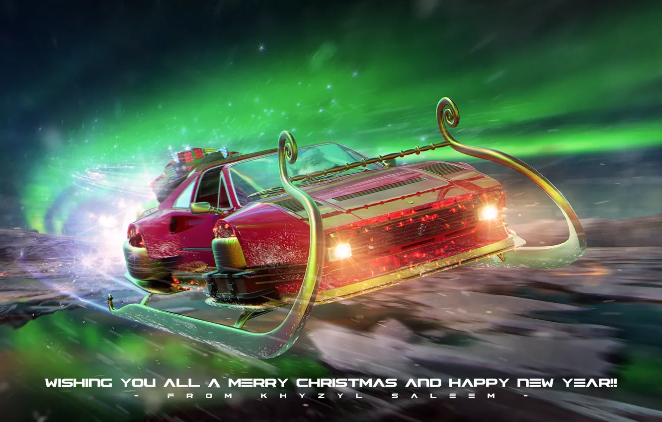 Photo wallpaper holiday, gifts, car, sleigh, Merry Christmas & Happy New Year