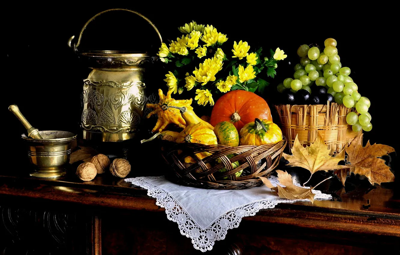 Photo wallpaper leaves, grapes, pumpkin, fruit, nuts, still life, basket, cans