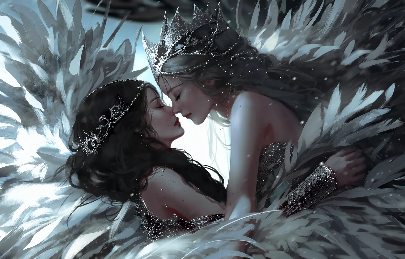 Photo wallpaper fantasy, girls, wings, crown, angels, digital art, artwork, fantasy art