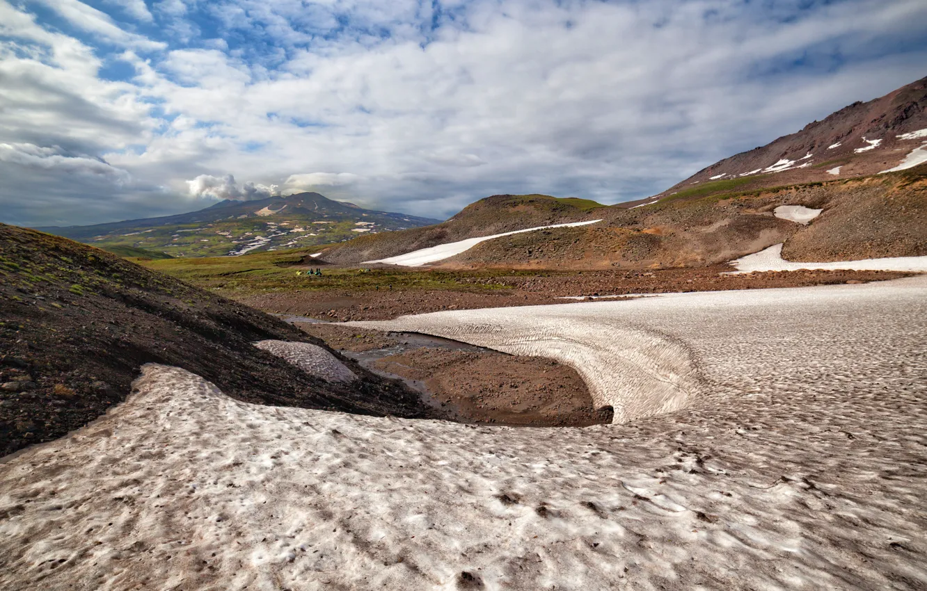 Photo wallpaper the sky, clouds, line, landscape, mountains, nature, spring, slope