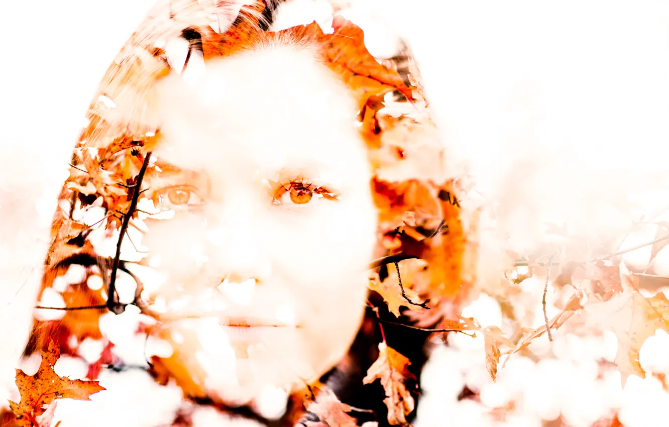 Photo wallpaper autumn, leaves, portrait, Double Exposure