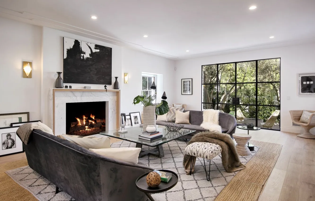 Photo wallpaper design, style, interior, fireplace, Los Angeles, California, living room, Beverly Hills