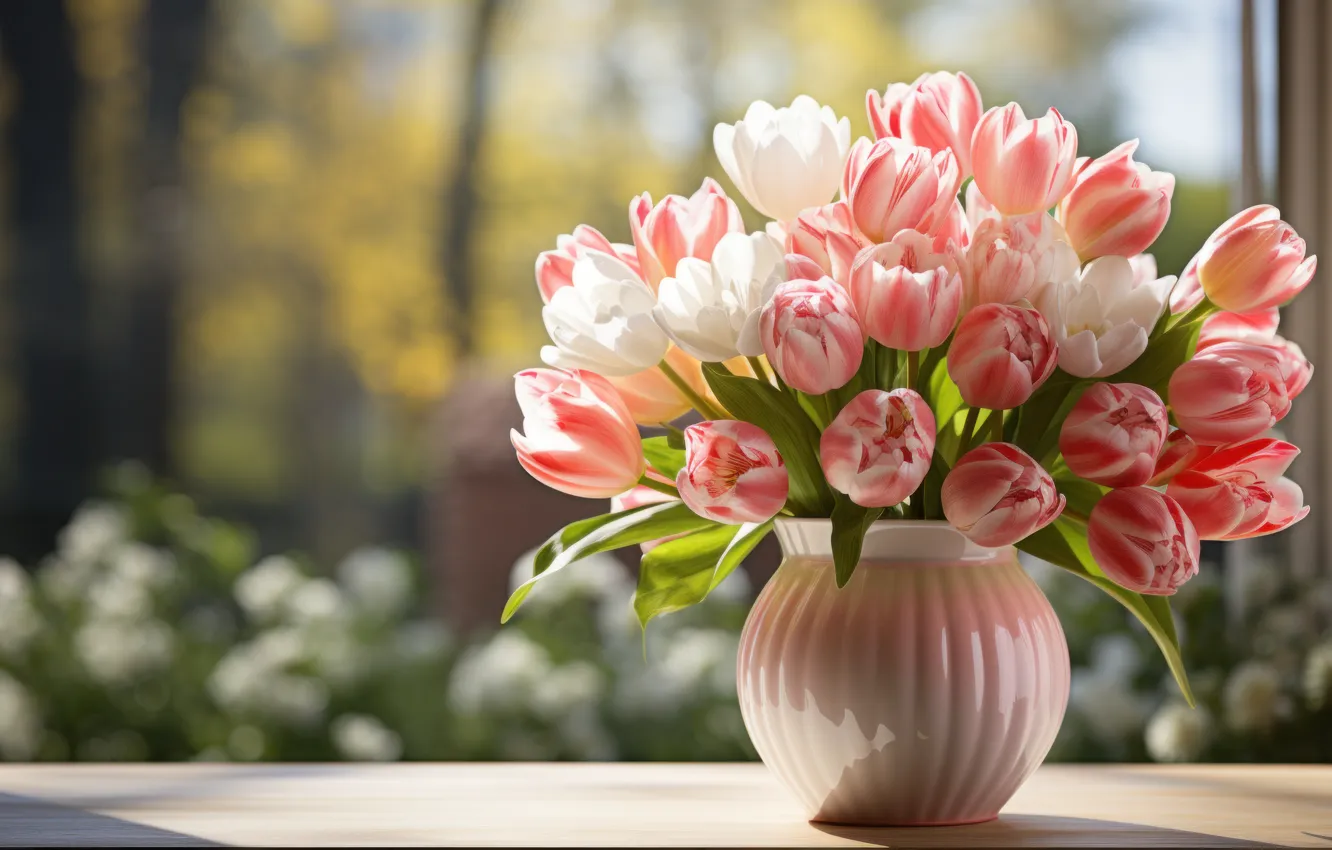 Photo wallpaper flowers, bouquet, spring, tulips, AI art, neural network