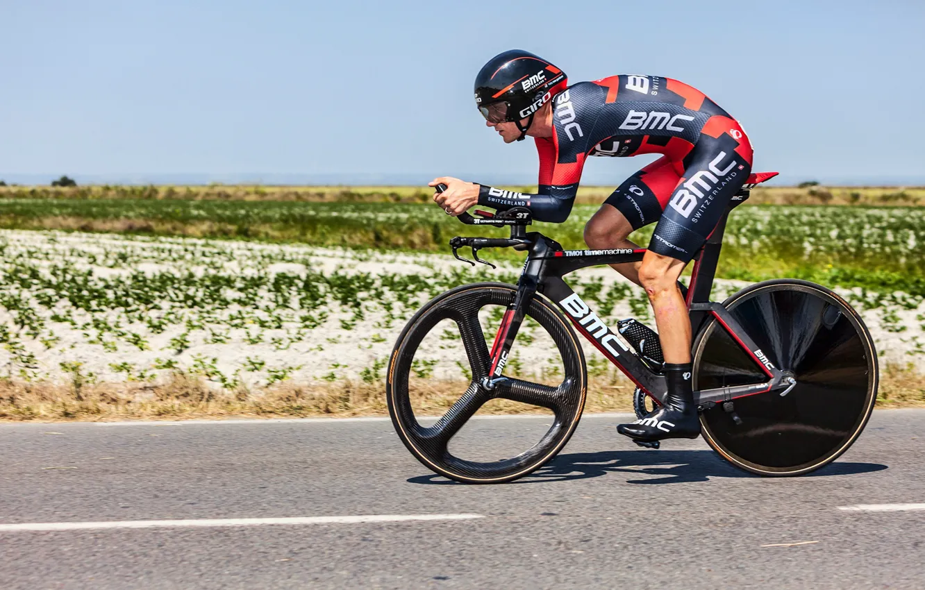 Photo wallpaper road, field, the sun, bike, helmet, athlete, uniform, Cycling