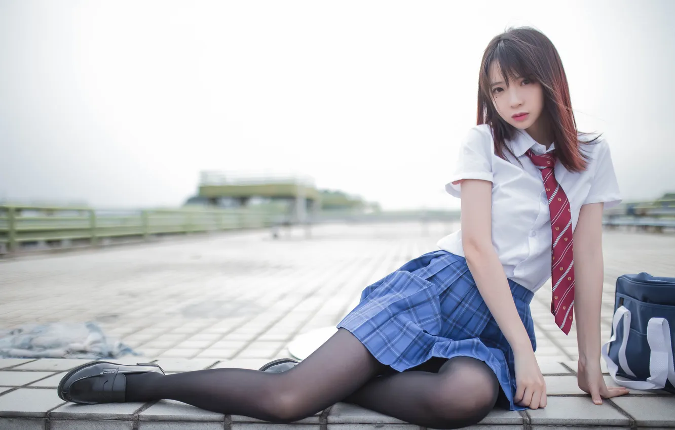 Photo wallpaper school uniform, long hair, model, women, brunette, asian, urban, Feng Mao