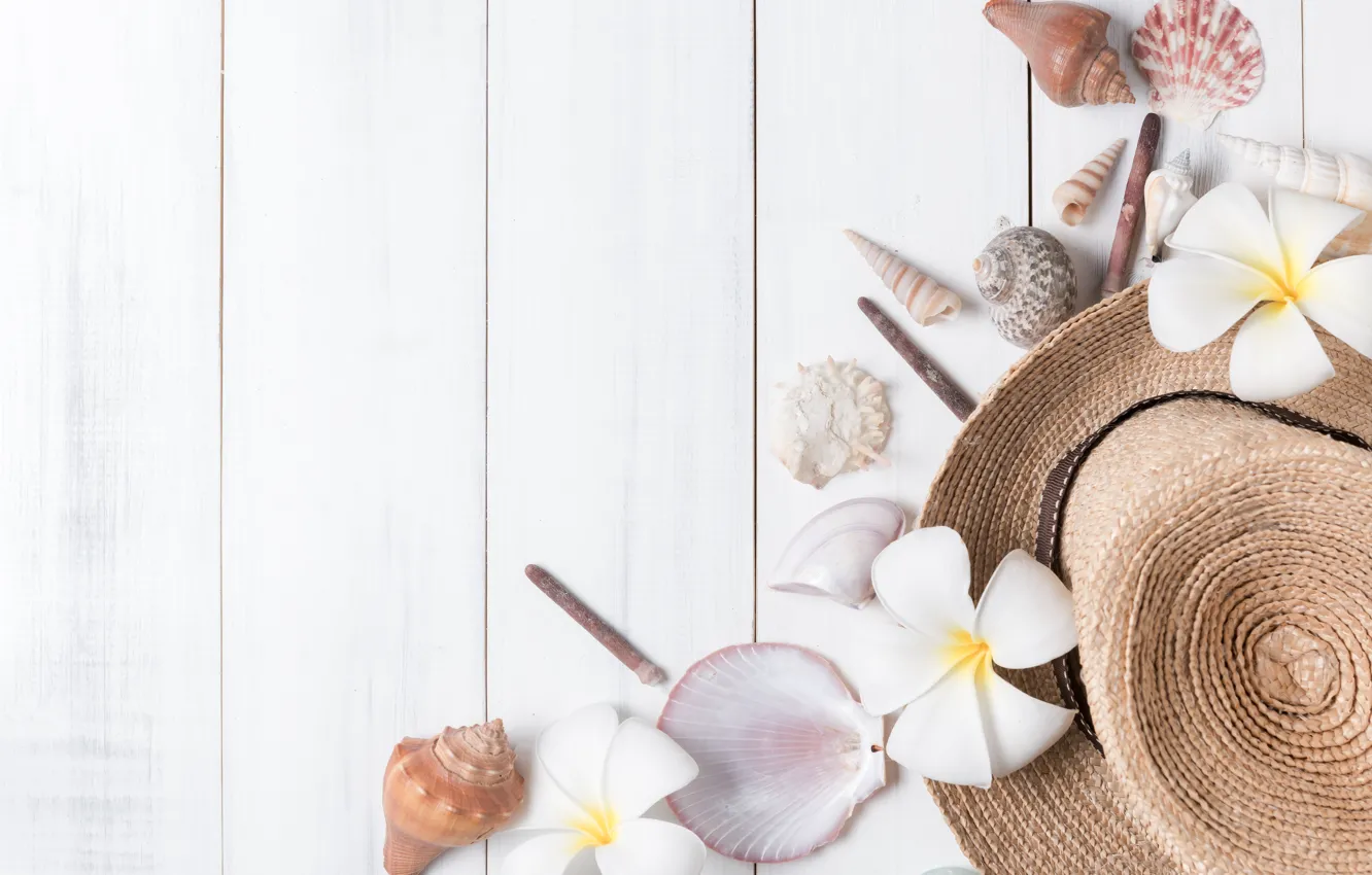 Photo wallpaper beach, summer, stars, flowers, stay, vacation, hat, shell