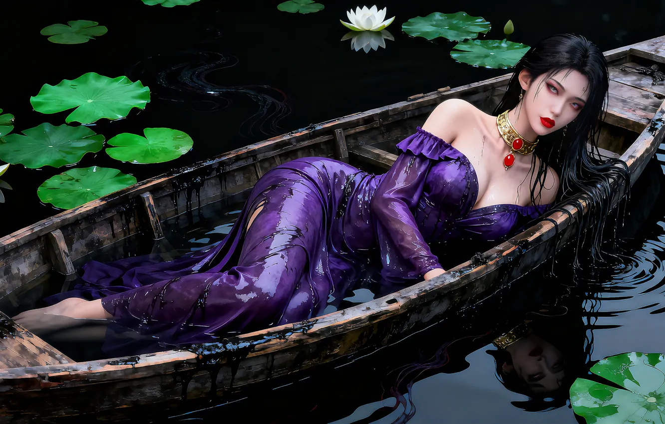 Photo wallpaper girl, ai art, brunette, dress, asian, boat