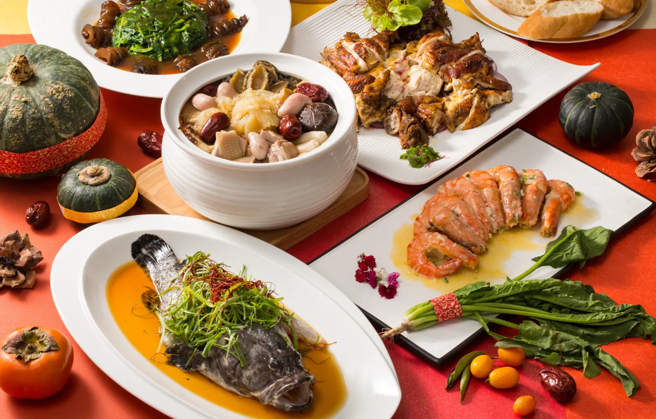 Photo wallpaper fish, soup, pumpkin, vegetables, shrimp, cuts