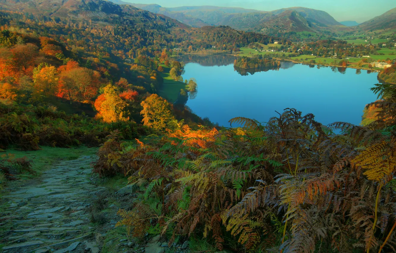 Photo wallpaper autumn, trees, mountains, lake, field, England, houses, forest
