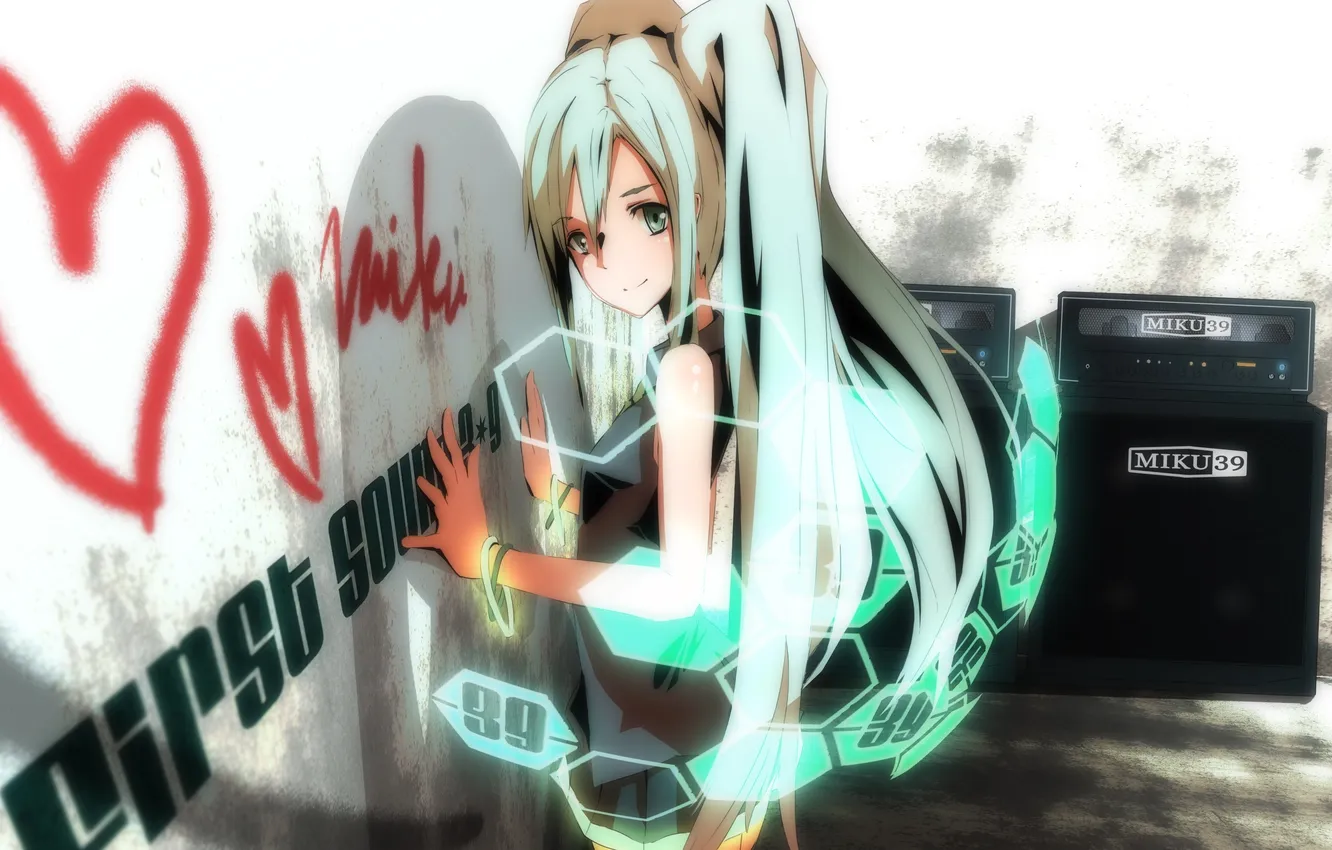 Photo wallpaper girl, wall, the inscription, dynamics, art, vocaloid, hatsune miku, merontomari