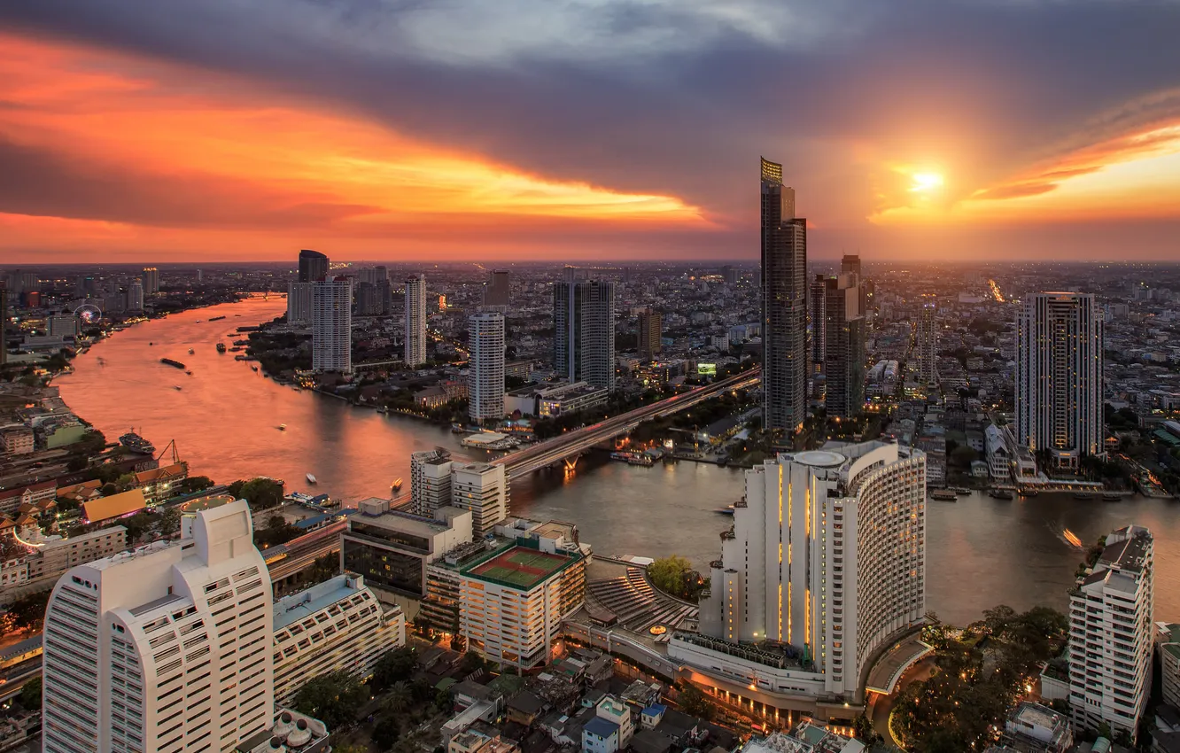 Photo wallpaper city, the city, river, home, night, view, Bangkok