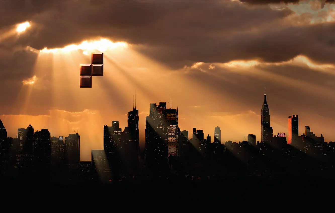 Photo wallpaper the city, creative, skyscrapers, the sun's rays, Tetris