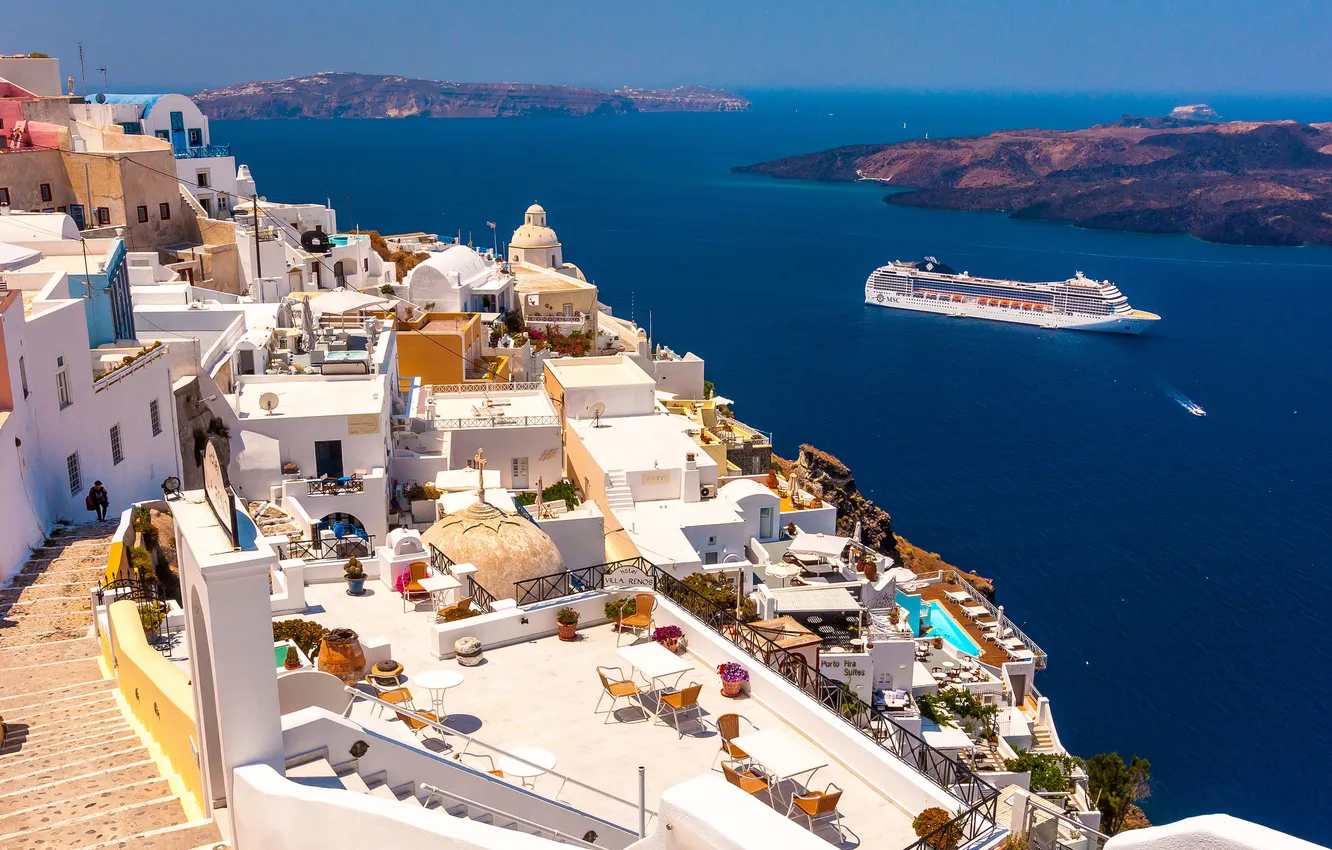 Photo wallpaper sea, ship, home, Santorini, Greece, slope, liner, the island of Thira