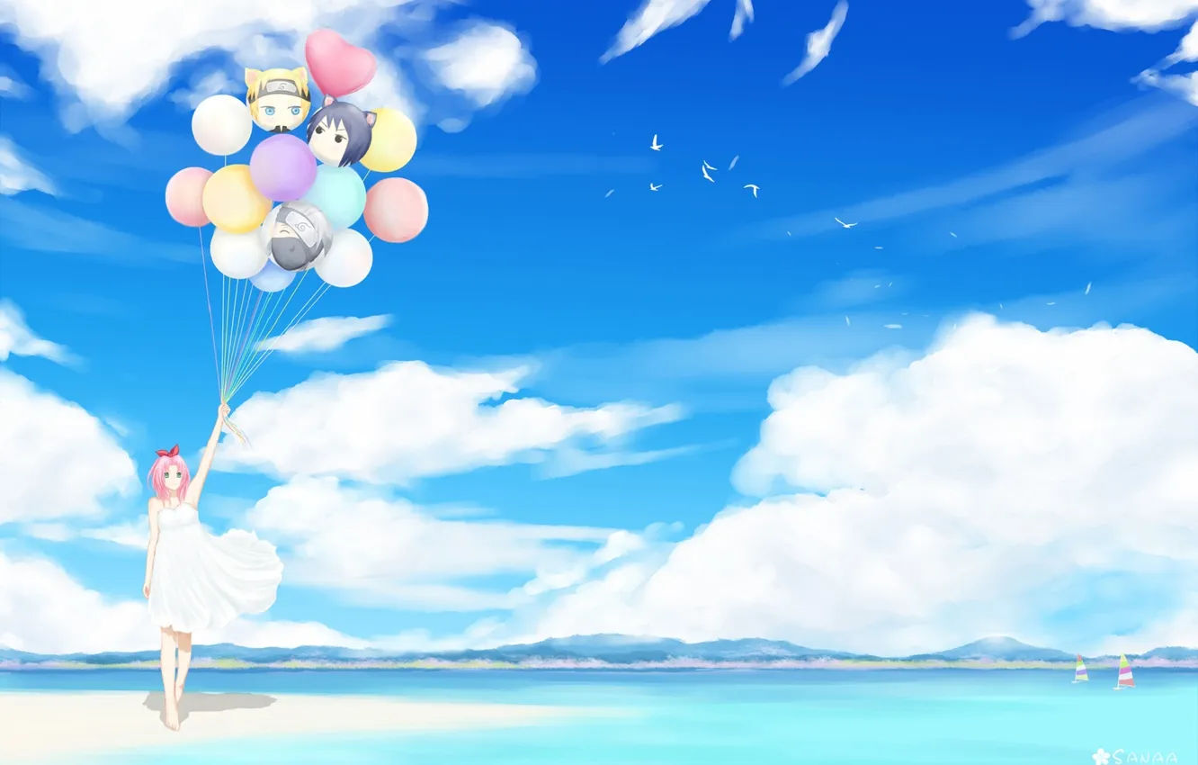 Photo wallpaper sea, beach, balloons, girl, naruto, art, sakura haruno, sanaa