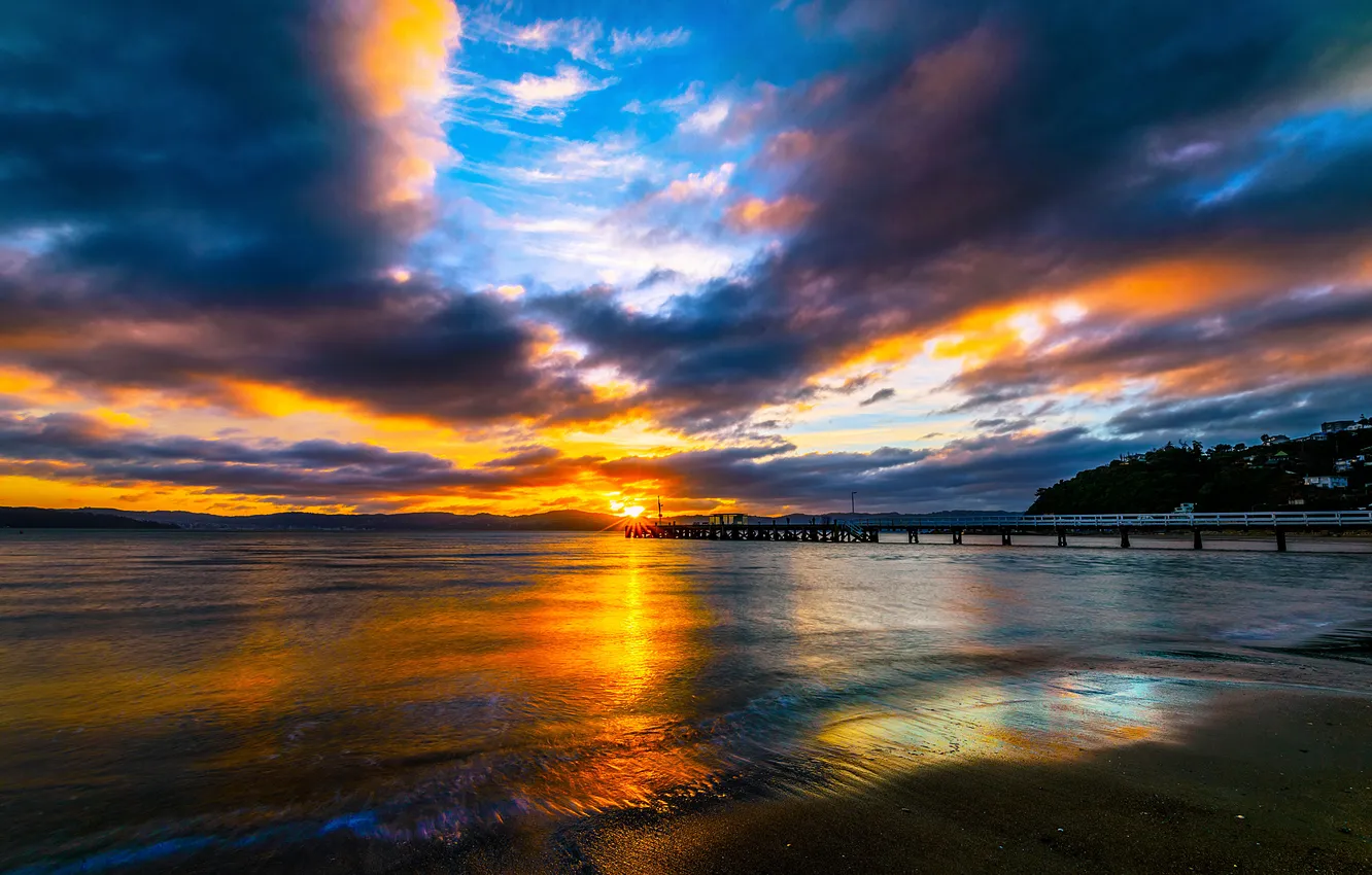 Photo wallpaper sea, sunset, coast, New Zealand, pierce, Wellington