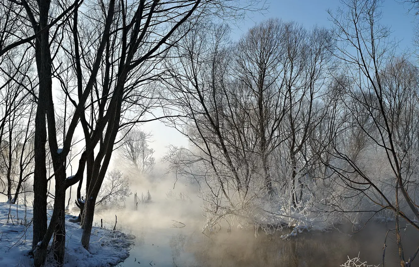 Photo wallpaper winter, landscape, fog, river
