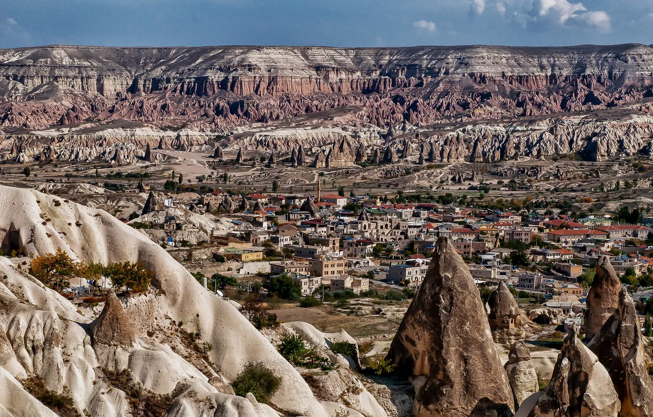Photo wallpaper mountains, the city, rocks, home, valley, Turkey, cone, Cappadocia
