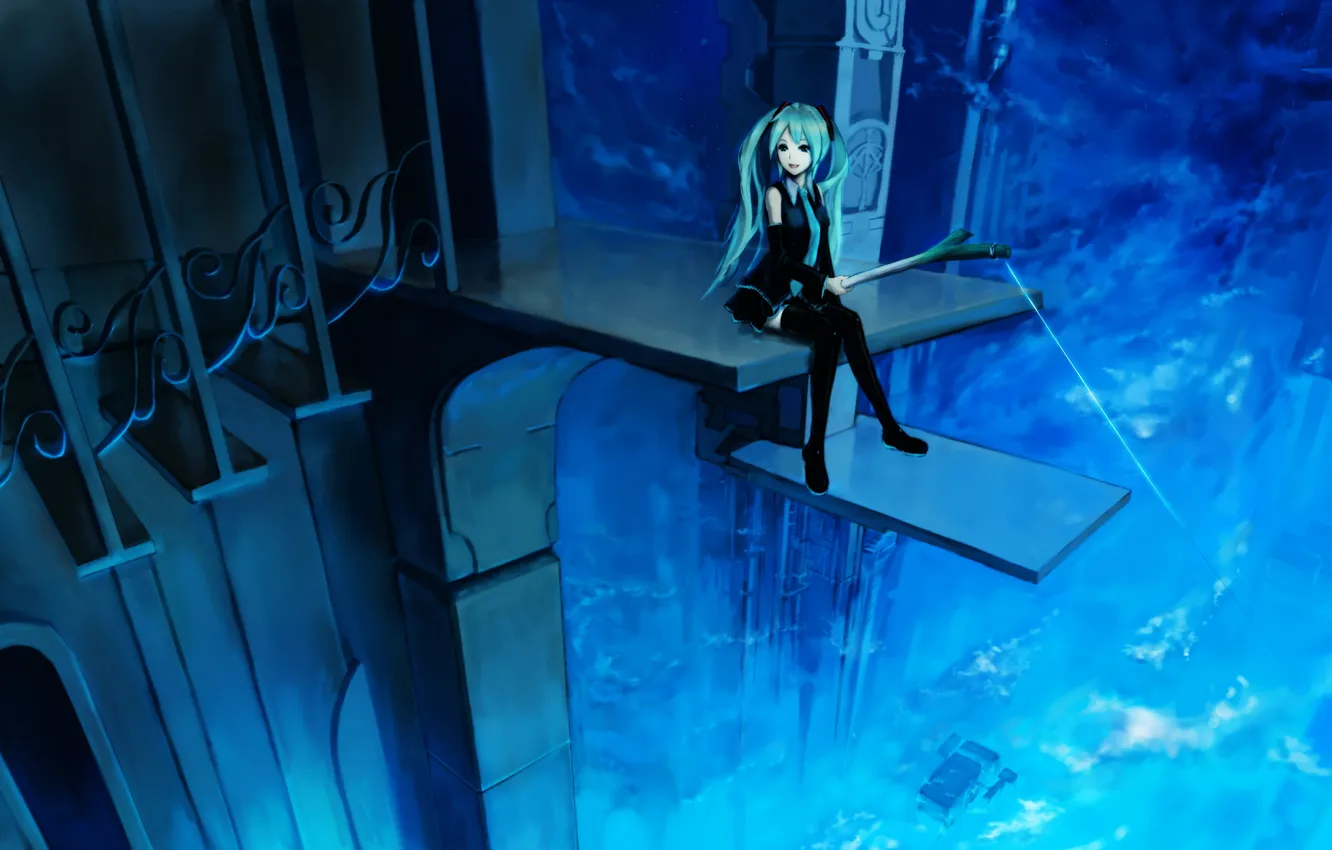 Photo wallpaper girl, smile, height, ladder, vocaloid, hatsune miku, rod