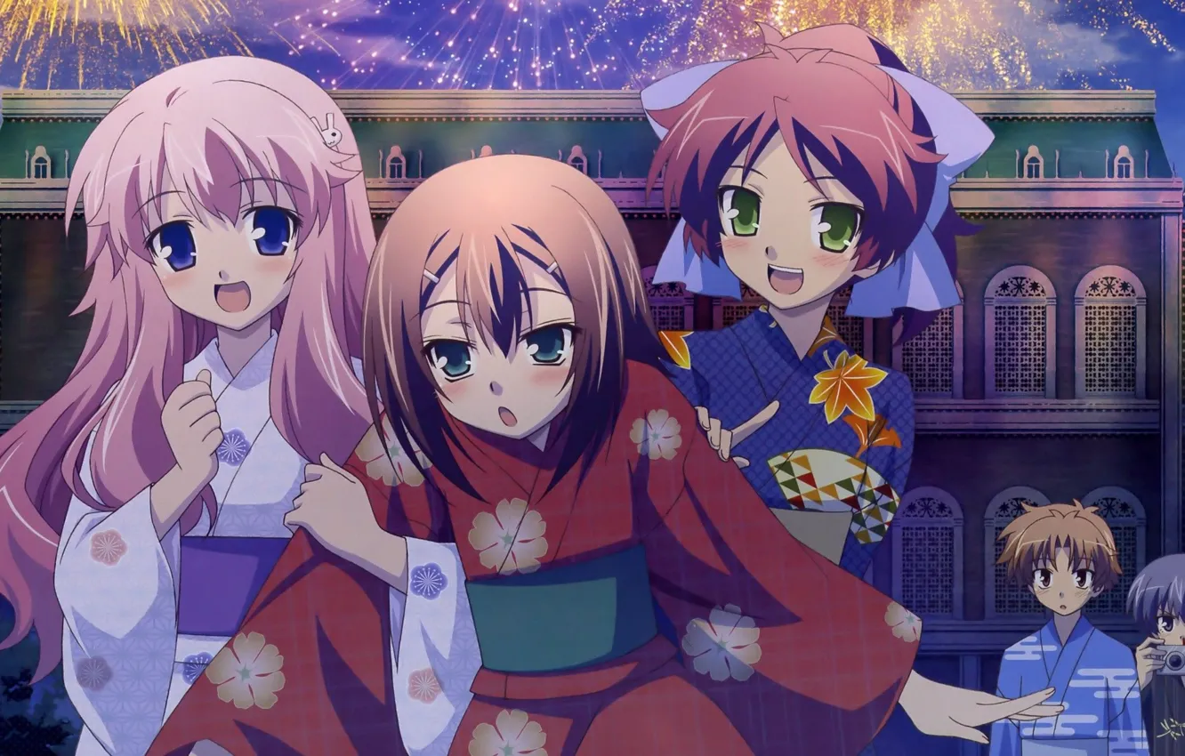 Photo wallpaper each, home, the camera, blush, fireworks, yukata, festival, Baka to Test to Shoukanjuu