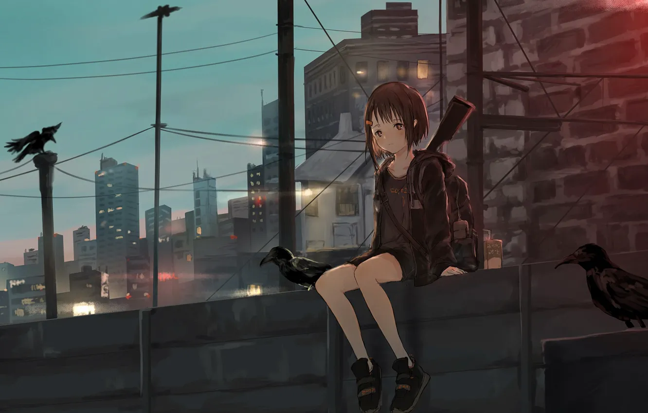 Photo wallpaper the city, girl, crows