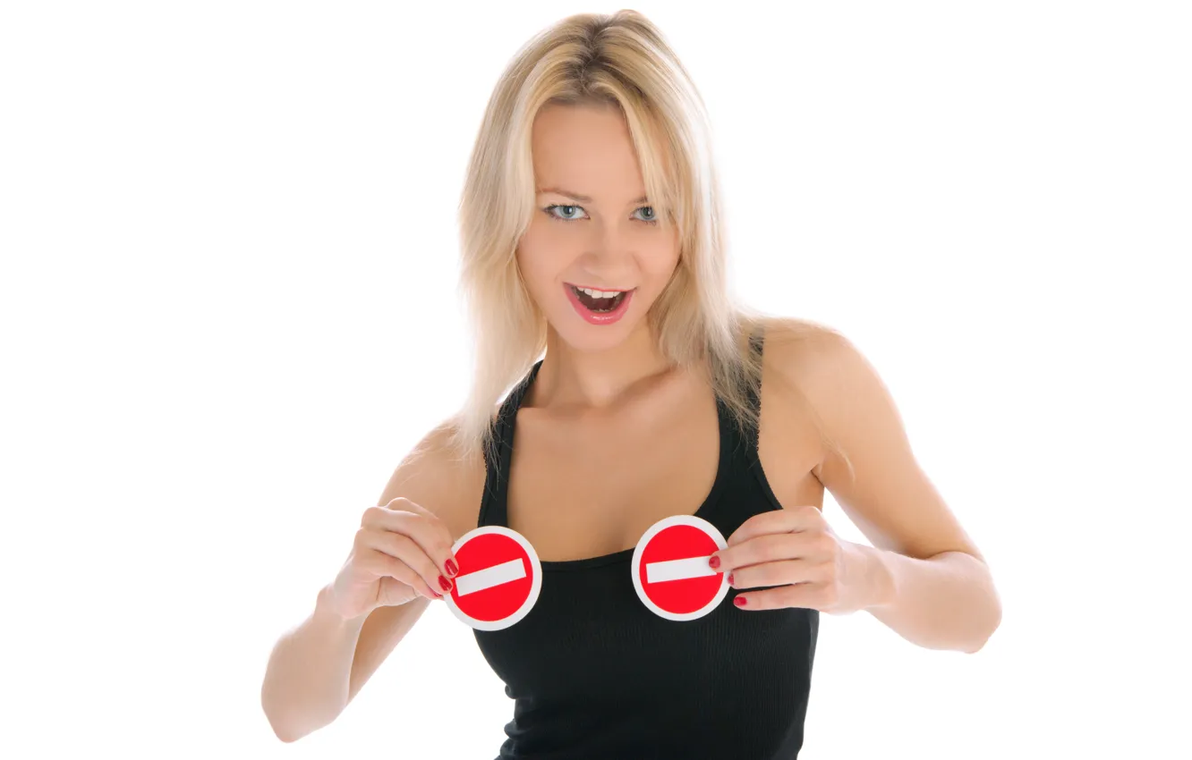 Photo wallpaper girl, smile, sign, Mike, blonde, white background