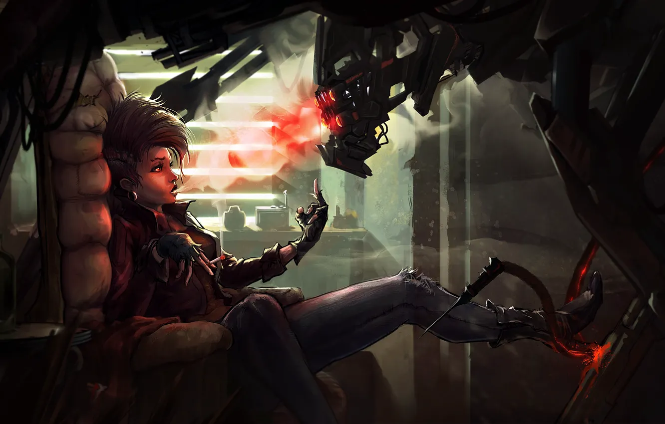 Photo wallpaper girl, fiction, smoke, robot, cigarette, smokes, Cyberpunk