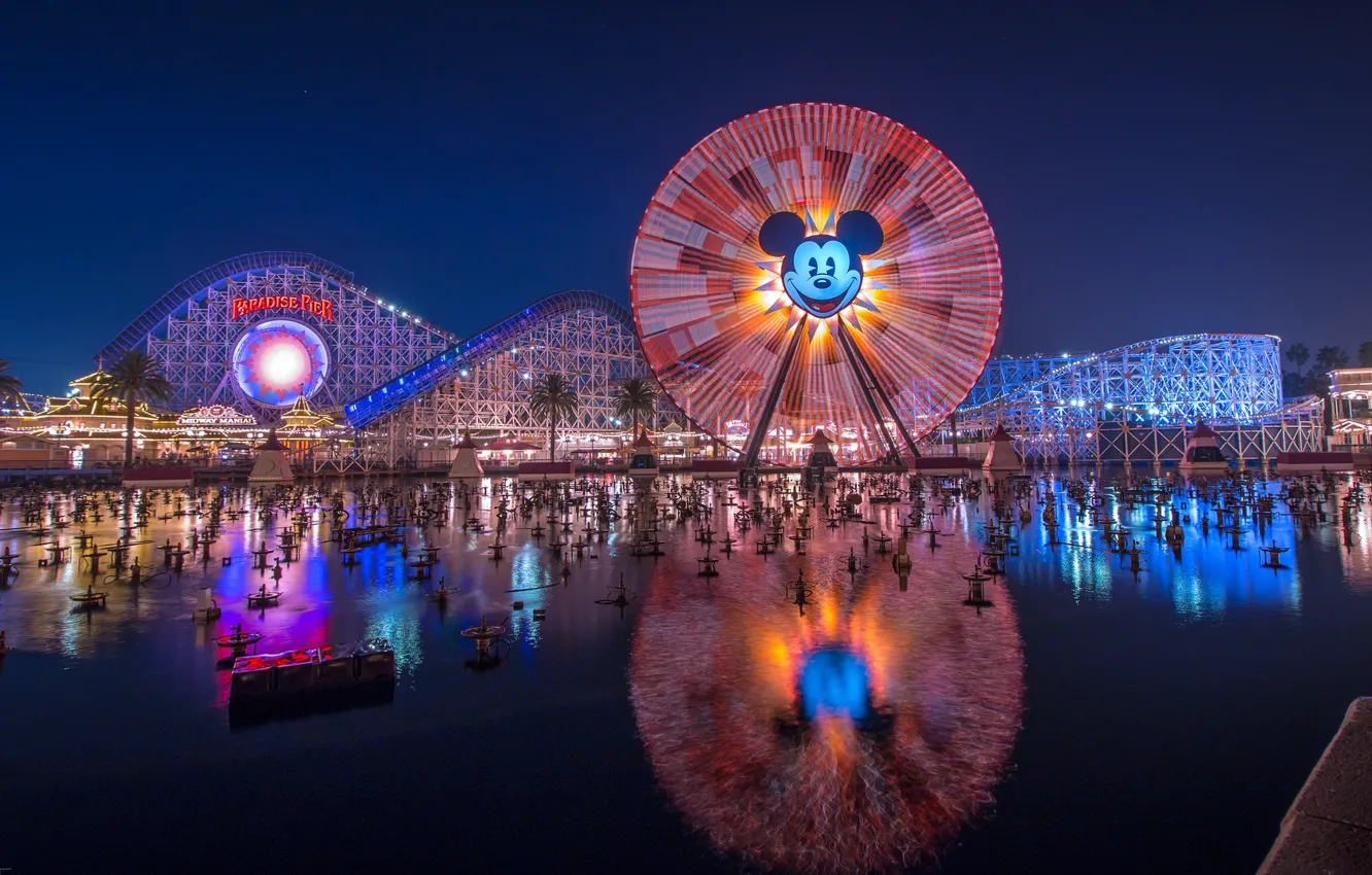Photo wallpaper Lights, Night, Ferris wheel, Park, Disneyland, Mickey mouse