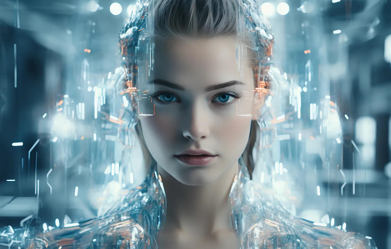 Photo wallpaper look, girl, transparency, light, face, lights, lights, fiction
