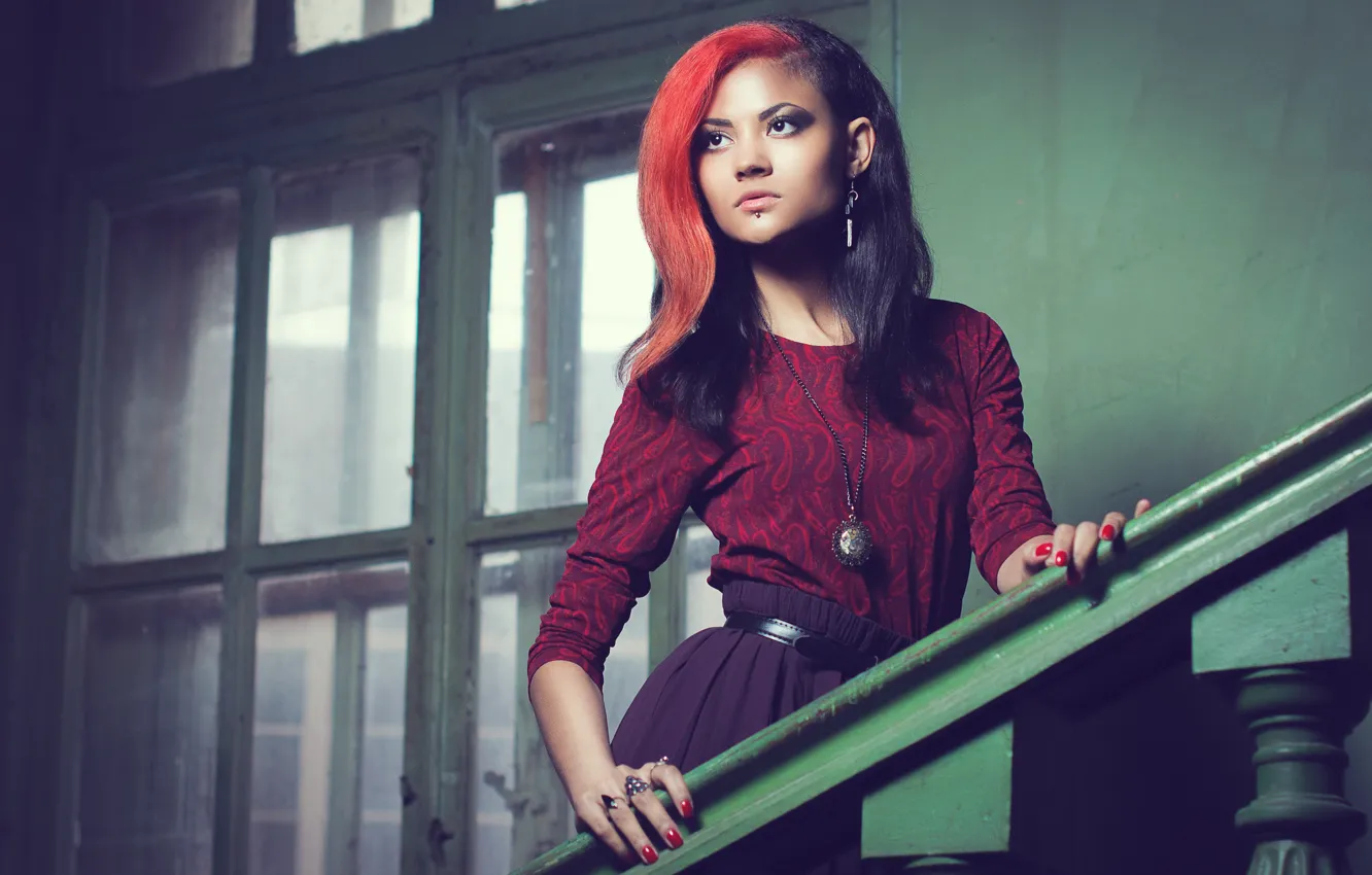 Photo wallpaper eyes, girl, hair, skirt, hands, piercing, window, girl