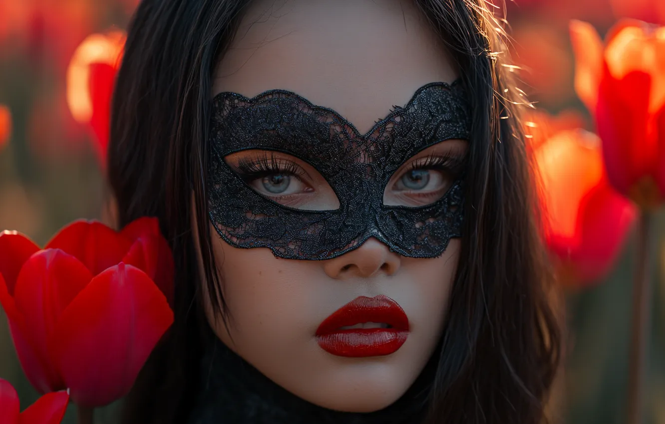 Photo wallpaper look, girl, light, flowers, red, nature, face, eyelashes