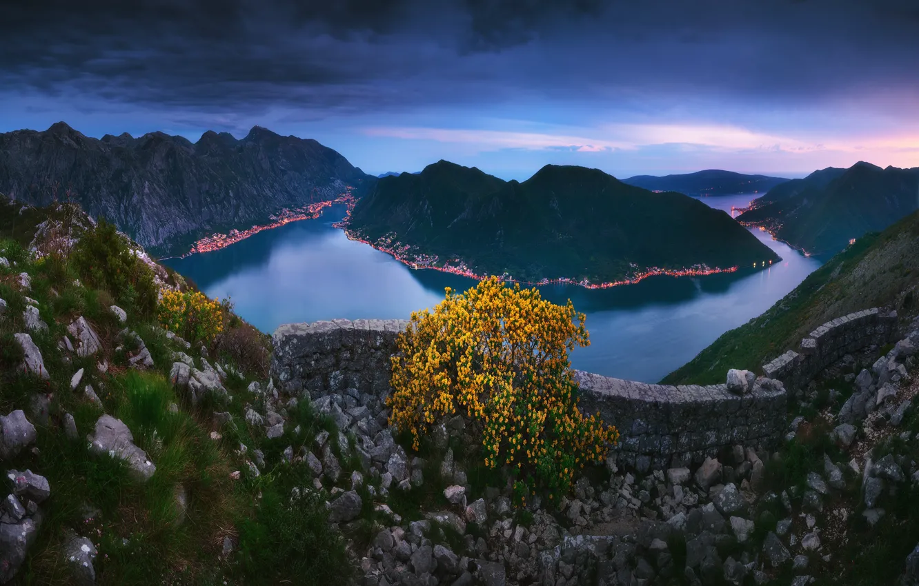 Photo wallpaper mountains, panorama, Bay, night city, the bushes, Montenegro, To, Montenegro
