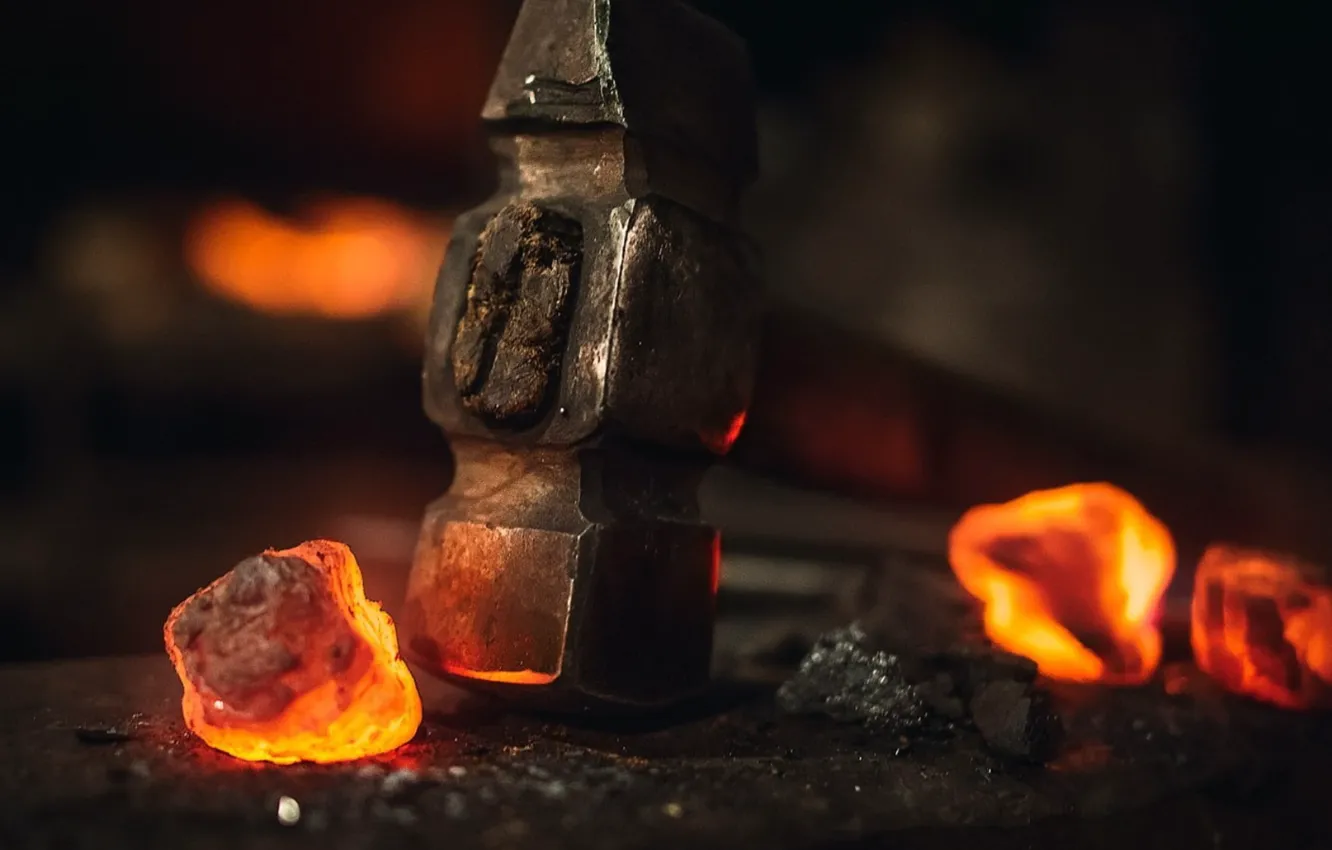 Photo wallpaper lights, heat, hammer, hammer, metal, iron, forging, temperature