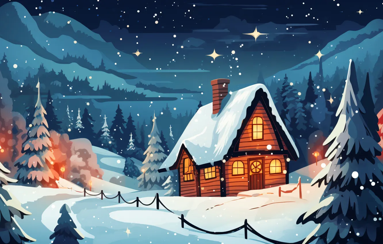 Photo wallpaper winter, snow, holiday, graphics, tree, new year, home, Christmas